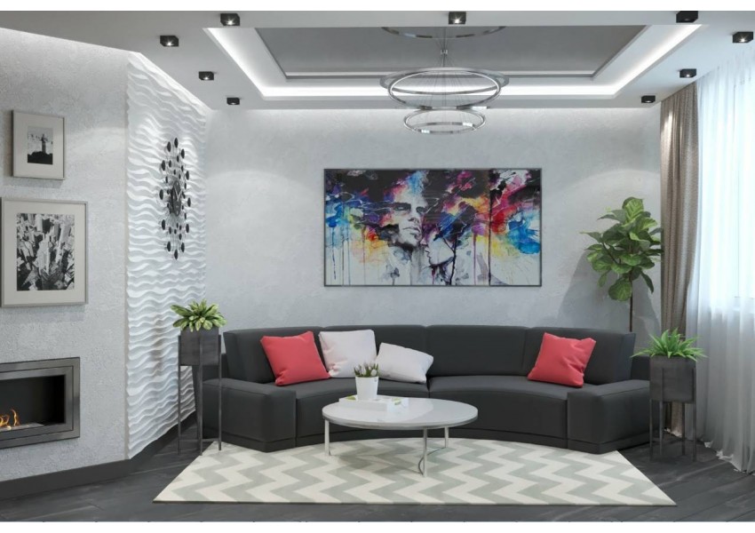 Использован вместительный большой диван для большой компании. Фактура в виде 3Д панелей. Основной цвет - белый, который придает пространству много воздуха и расширяет визуально.