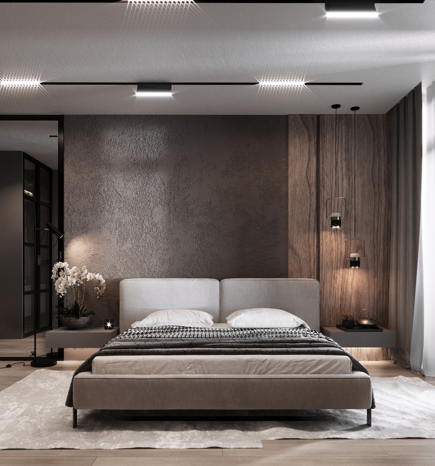 Волнующая атмосфера в спальне владельцев квартиры создана с помощью комбинаций разных материалов – фактурной штукатурки, деревянных панелей, бархатных тканей, и, конечно, света.