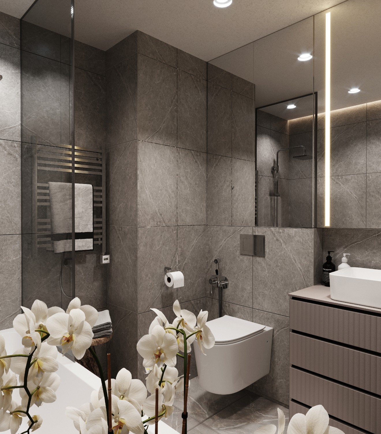 Дизайнеры испанской компании Alaplana черпали вдохновение в естественной красоте Амальфи и создали коллекцию Alaplana Amalfi. Для интерьера ванной комнаты мы выбрали насыщенный оттенок серого. 