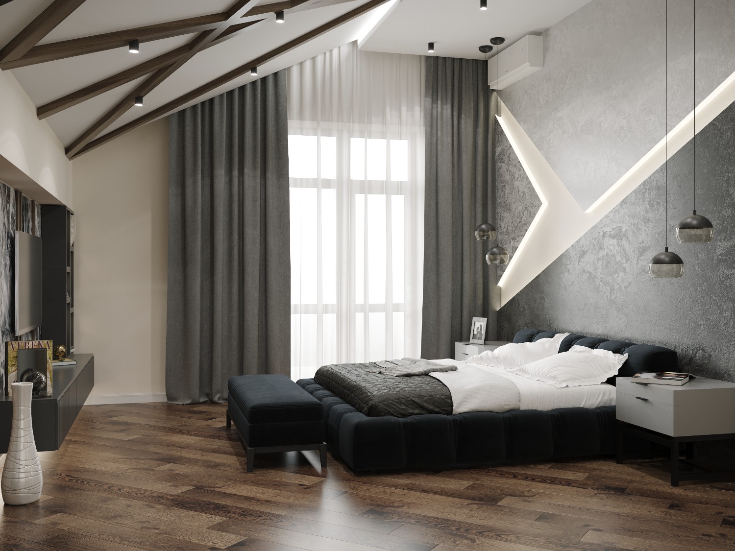 Спальня в серых оттенках с декором на стенах и потолке