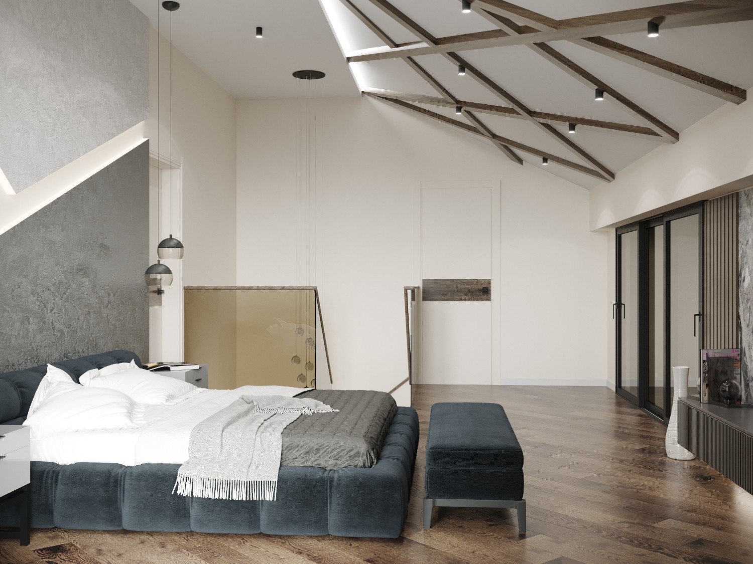 Спальня в серых оттенках с декором на стенах и потолке